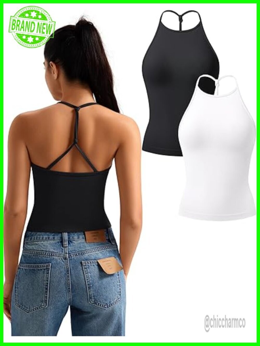 Seamless Ribbed Crop Tank Top 2 Piece Set Racerback High Neck Sleeveless Workout